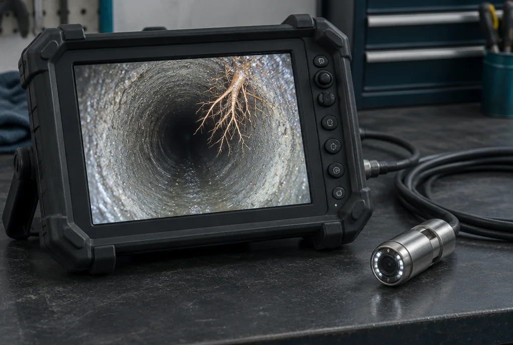 Representative service illustration: an inspection monitor showing a pipe interior on an indoor workshop bench