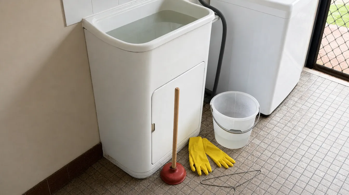 A plunger, gloves, a bucket and a coat hanger on a laundry floor